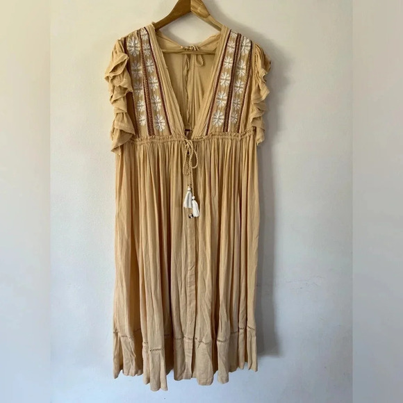Free People Bali Will Wait For You Yellow Embroidered Gauzy Midi Dress Sz Medium - Picture 2 of 13